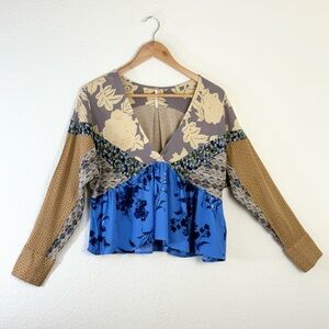 Free People Floral Patchwork Blue & Cream V-Neck Boho Blouse Sz S